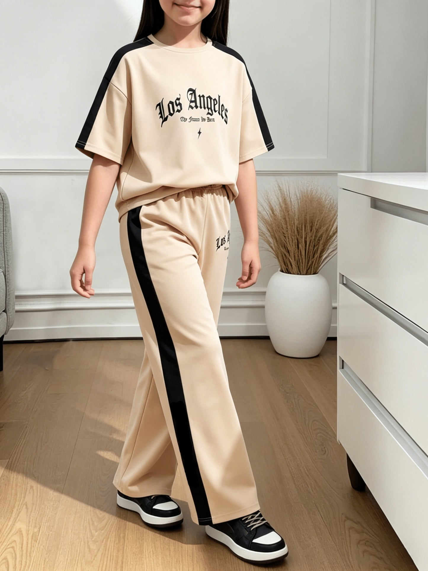 Girls' Casual Two-Piece Set with Relaxed Top & Wide-Leg Pants