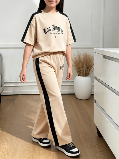 Girls' Casual Two-Piece Set with Relaxed Top & Wide-Leg Pants