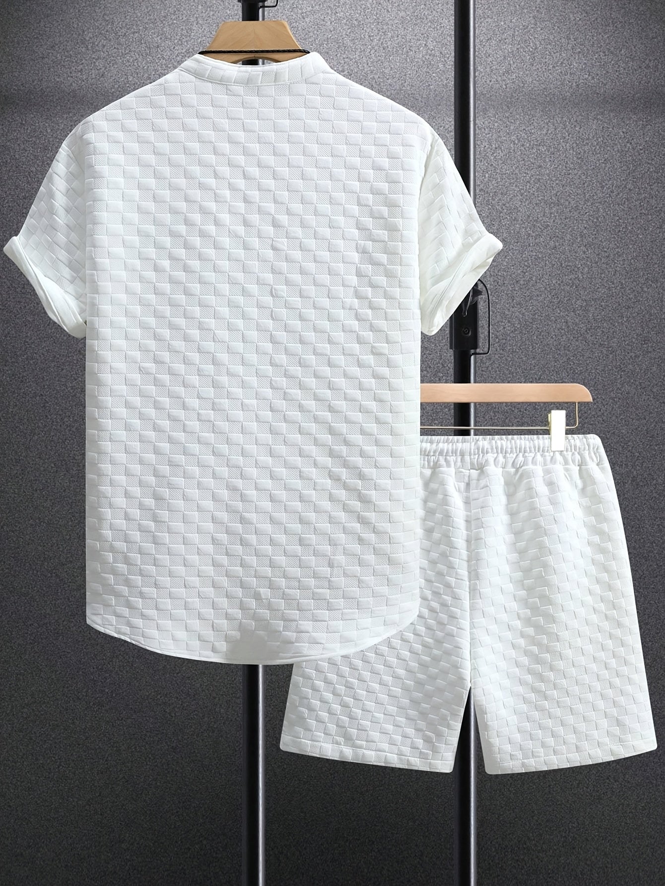 Men's Set Shirt Short Sleeve Shorts Thick Solid Color Knit Jacquard Casual Comfort High-Quality Two-Piece Set