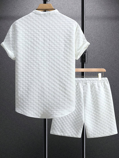 Men's Set Shirt Short Sleeve Shorts Thick Solid Color Knit Jacquard Casual Comfort High-Quality Two-Piece Set
