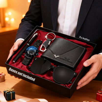 HIKUN 5pcs Men's Luxury Accessory Gift Set - Watch, Wallet, Keychain, Fashion Glasses, Pen Bundle with Zinc Alloy Strap & Quartz Movement Watch - /Anniversary Gift for Him, Dad, Boyfriend (Complete Surprise Set)