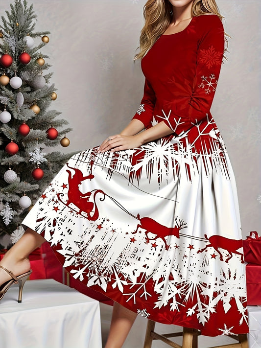 Spring and Autumn New Christmas Reindeer Print Casual Long Sleeve Round Neck Dress, Best for Christmas