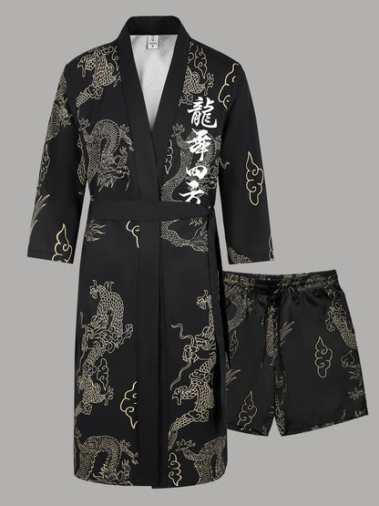 Men'S Dragon Dance Square Dragon Print Robe and Shorts Set - Casual V-Neck, Non-Stretch Polyester Home Wear with Belt Detail, Regular Fit