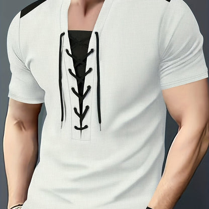 Men'S Casual Waffle Knit Short Sleeve T-Shirt with Drawstring Detail - Maroon  Black, Round Neck, Breathable Polyester Fabric for Summer Outings, Casual Weekend Wear   Round Neck Tee   Stylish Contrast Stitchin