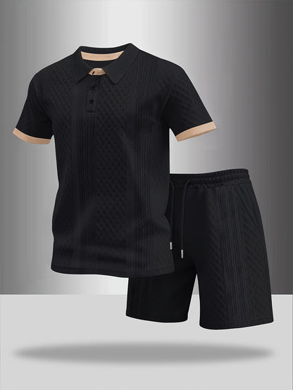 Men's Summer Casual Polo Shirt & Shorts Set with Geometric Print