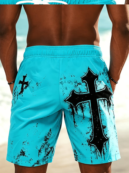 Men's Casual Beach Shorts with Cross Pattern and Drawstring