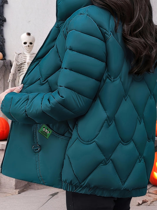 Plus Size - Women'S Stylish Red Quilted Jacket - Long Sleeve, Zip-Up Winter Coat with Pockets, Casual Polyester Outerwear for Cold Weather, Winter Jacket