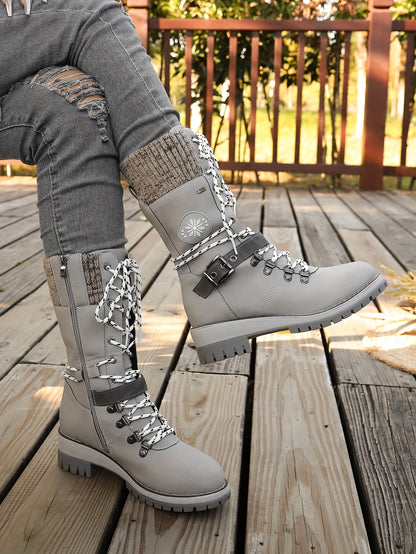 Women'S Comfortable Knitted Mid-Calf Winter Boots - Anti-Slip Side Zipper Lace-Up Design, Thick Sole, Fleece-Lined Retro Style in Black/Brown/Beige/Red/White for Casual Wear, Women Cowboy Boots, Women Winter Boots, Women Autu