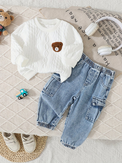 Cute Baby Boy Fall Set: Bear Sweatshirt & Denim Jogger Pants - ayq