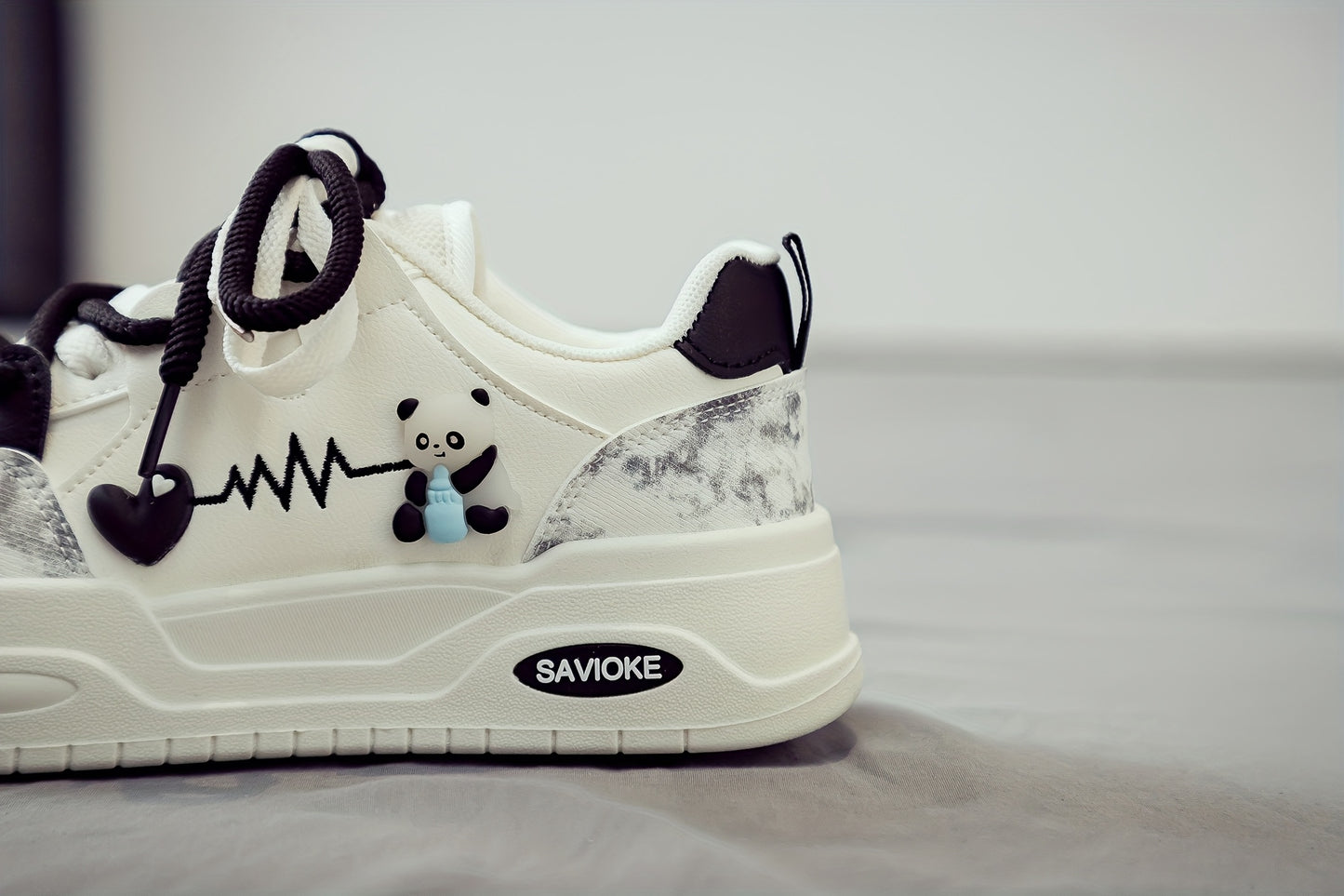 Women's White Mid-Top Sneakers with Bear  Heart Stripes Design - PU Cover  Upper, Thick Cushioned PVC Sole - Trendy Casual Shoes for All-Season Comfort