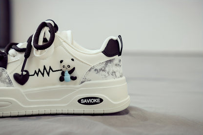Women's White Mid-Top Sneakers with Bear  Heart Stripes Design - PU Cover  Upper, Thick Cushioned PVC Sole - Trendy Casual Shoes for All-Season Comfort