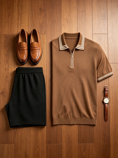 Men's Casual Striped Knit Polo & Lightweight Shorts Set
