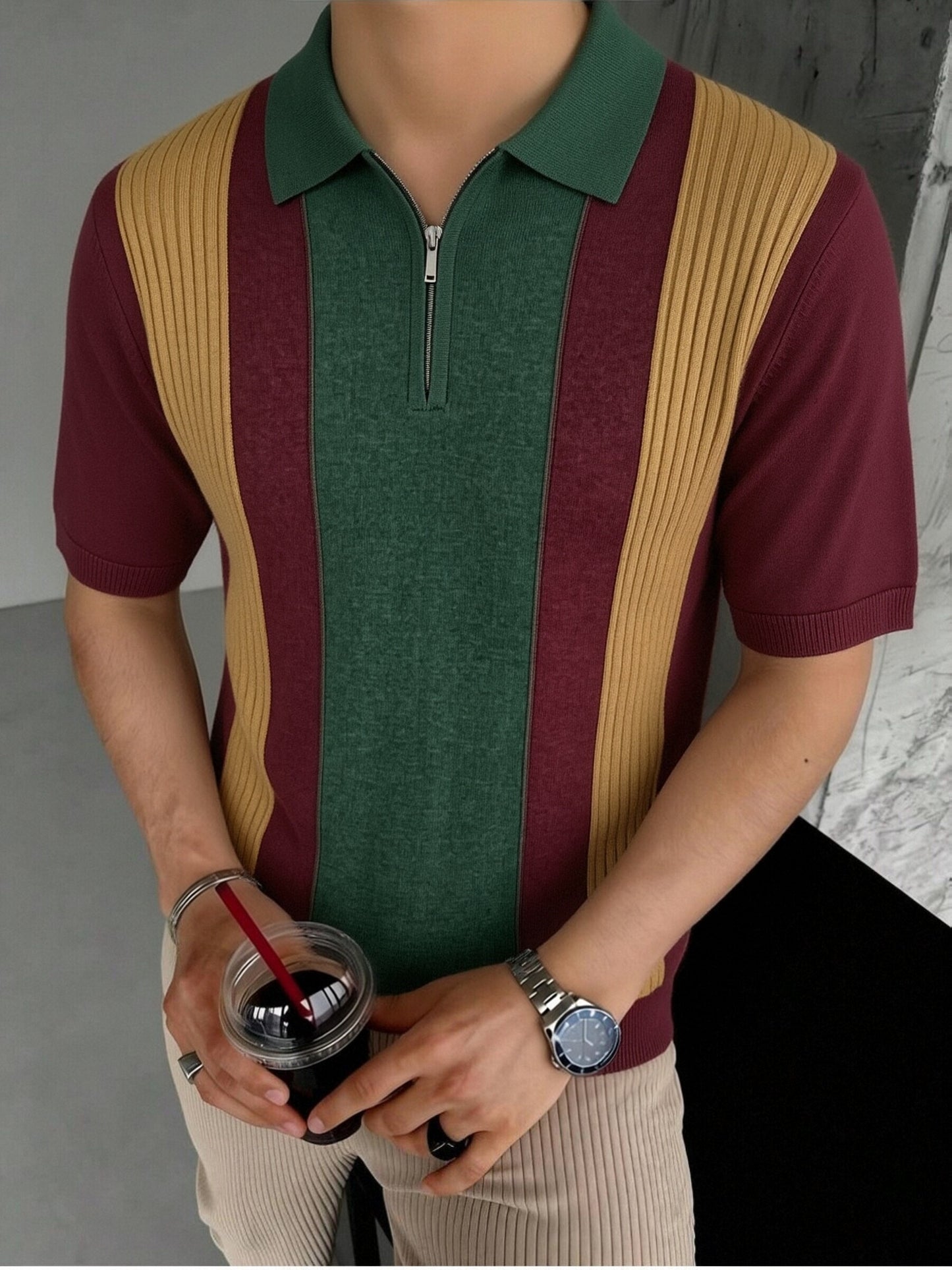 Men's Striped Knit Polo Shirt with Half-Zip for Summer Workwear