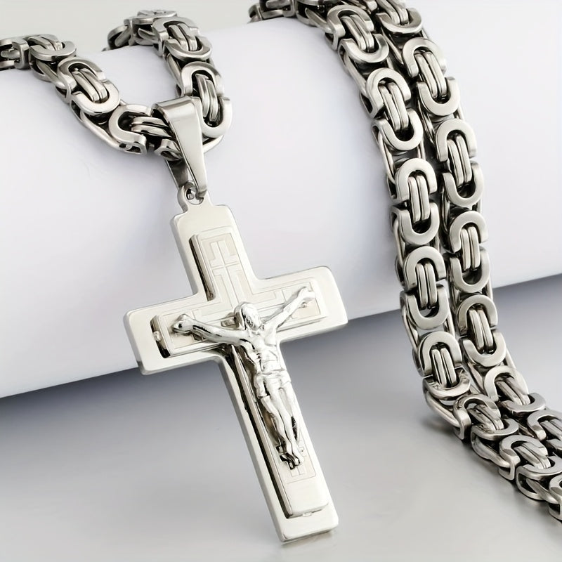Men's Stainless Steel Fashion Pendant Three-Layer Cross with U-Shaped Handmade Flat Necklace in Steel Color