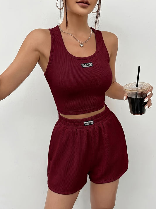 Women's Summer Ribbed Tank Top and Shorts Set - Slim Fit Sportswear