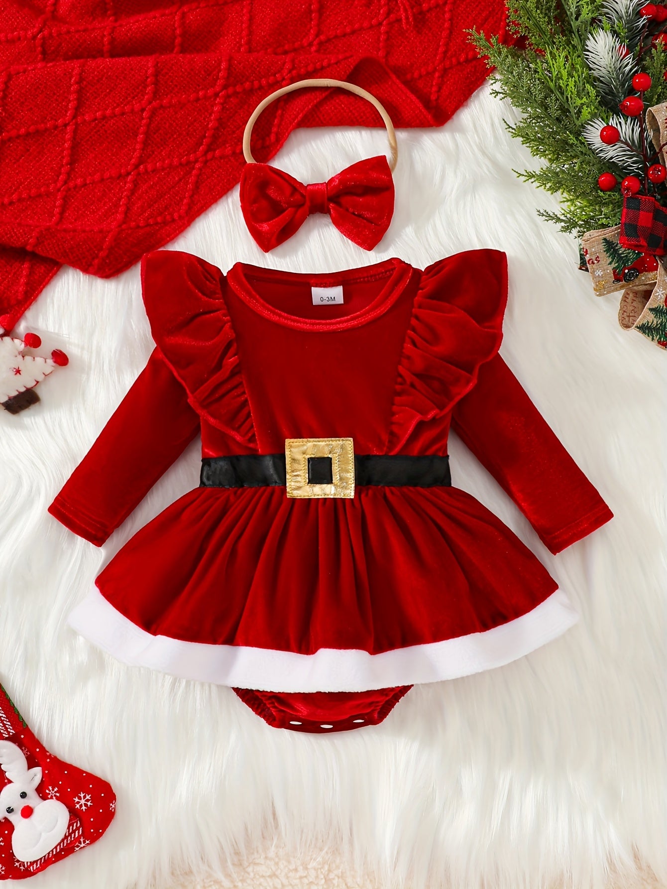 2pcs Golden Velvet Flutter Sleeve Lace Belt Decorated Long Sleeve Bodysuit with Fluffy Skirt + Bow Headscarf Set Autumn and Winter Christmas Cute Party Outfit, for Outdoor