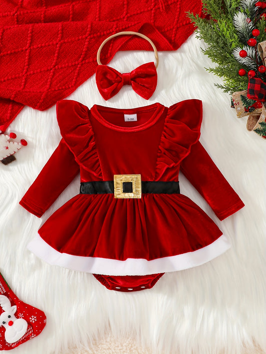 2pcs Golden Velvet Flutter Sleeve Lace Belt Decorated Long Sleeve Bodysuit with Fluffy Skirt + Bow Headscarf Set Autumn and Winter Christmas Cute Party Outfit, for Outdoor
