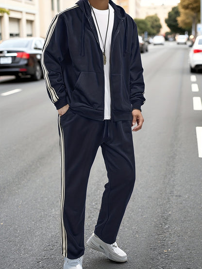 New Cross-Border Casual Sportswear Set of 2pcs, Hooded Zipper Cardigan Jacket Is Easy And Easy to Match, Side Striped Sweatpants Hide Meat And Show Long Legs, Daily Commute, Full of Comfort, Black Main Tone + Side Stripes