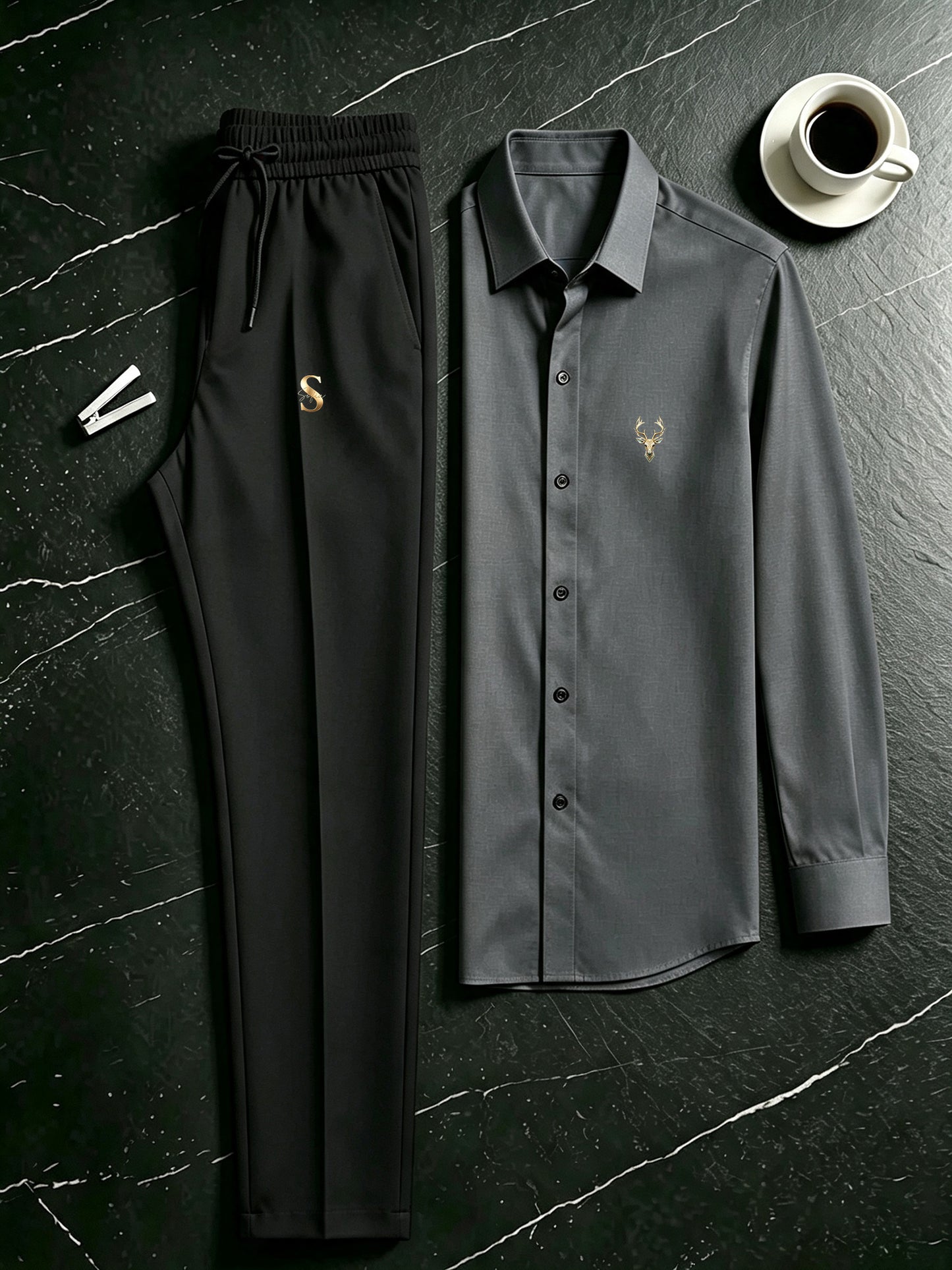 Men's Casual Long Sleeve Shirt & Drawstring Pants Set