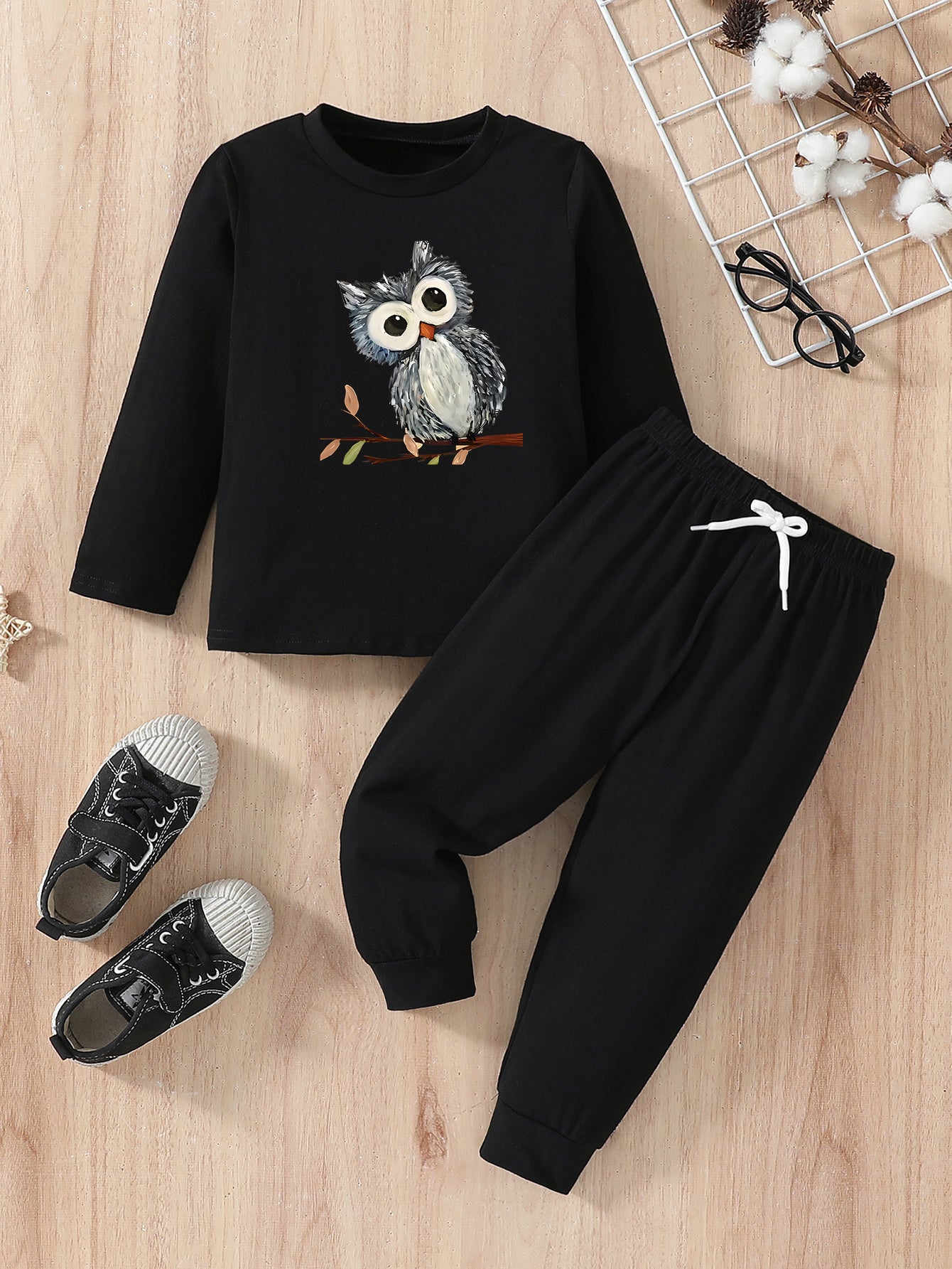 Boys' Casual Cotton Owl Print Long T-Shirt & Pants Set for Fall/Winter