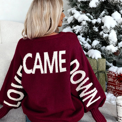 Autumn/Winter New Arrival Niche Cardigan for Women, Lazy Style Sweater Top with Wine Red and Coffee Color Letter Print, Round Neck Pullover with Designer Pattern, Casual Elegant Winter Top, Urban Commute Basic Versatile Style
