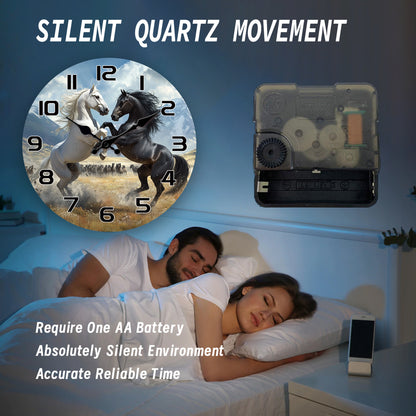 A Wooden Wall Clock with a Fantasy Theme Featuring a Design of Two Horses Facing Each Other, a Silent Clock Suitable for Decorating Living Rooms, Bedrooms, Kitchens, And Offices, Making It an Exciting Gift for Birthdays And H