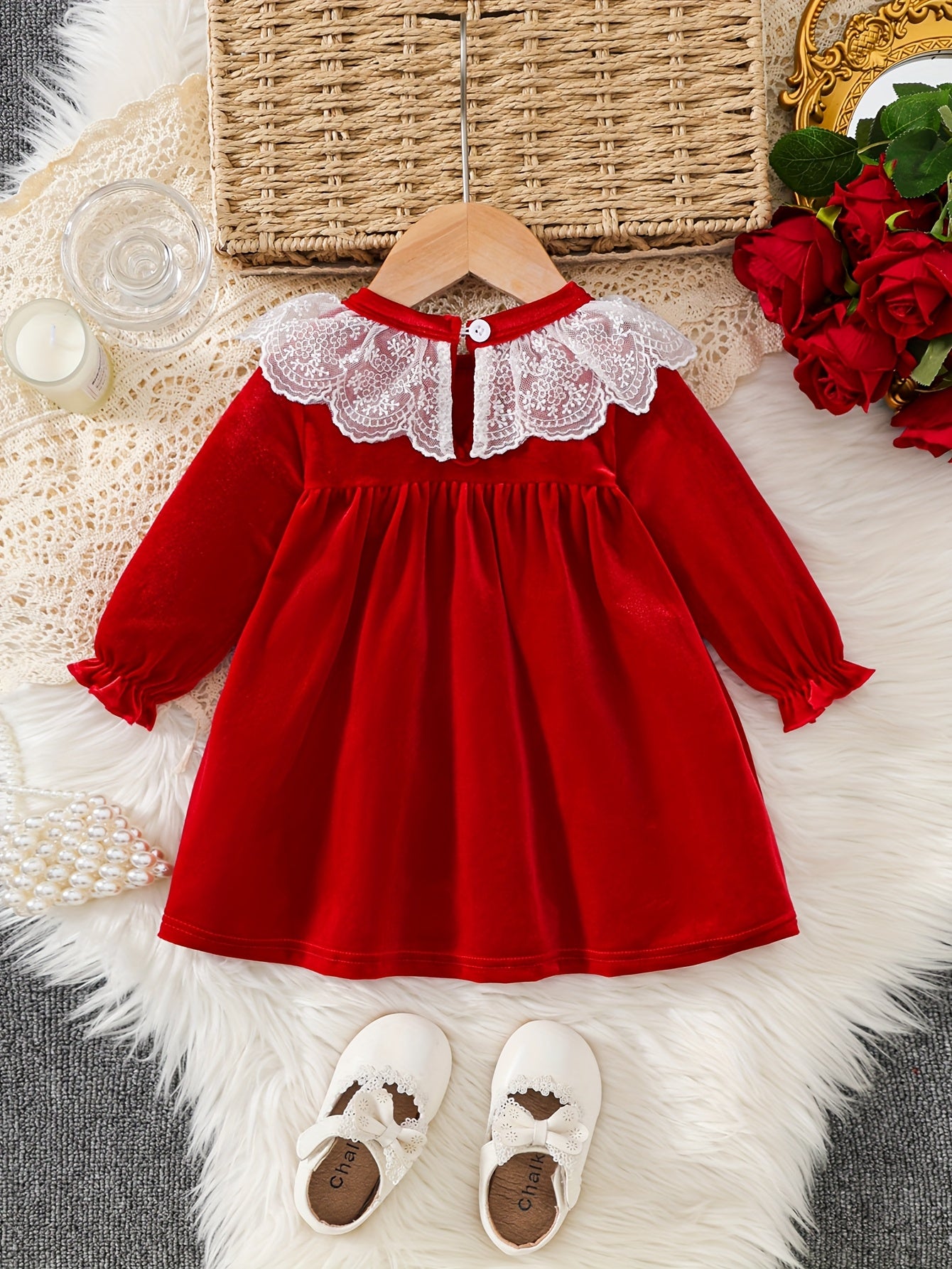 1pc Baby Girl's Red Lace Dress with Ruffled Collar & Bow Back - Long Sleeve Winter Party Dress for Christmas, New Year, Weddings - Soft Warm Outfit (Short Leg Opening, Machine Washable Clothing)