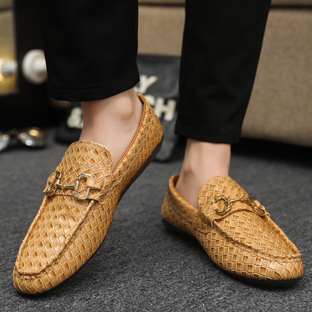 Men's Slip-On Loafers - Black  Tan Casual Shoes with Golden-Tone Metal Accents, Round Toe Comfort, All-Season Versatile for Office  Social Events, Casual Attire, Elegant Style, Premium Material, Modern Gentlemen