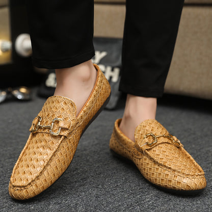 Men's Slip-On Loafers - Black  Tan Casual Shoes with Golden-Tone Metal Accents, Round Toe Comfort, All-Season Versatile for Office  Social Events, Casual Attire, Elegant Style, Premium Material, Modern Gentlemen