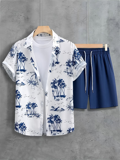 Men's White Coconut Tree Print Summer Casual Shirt