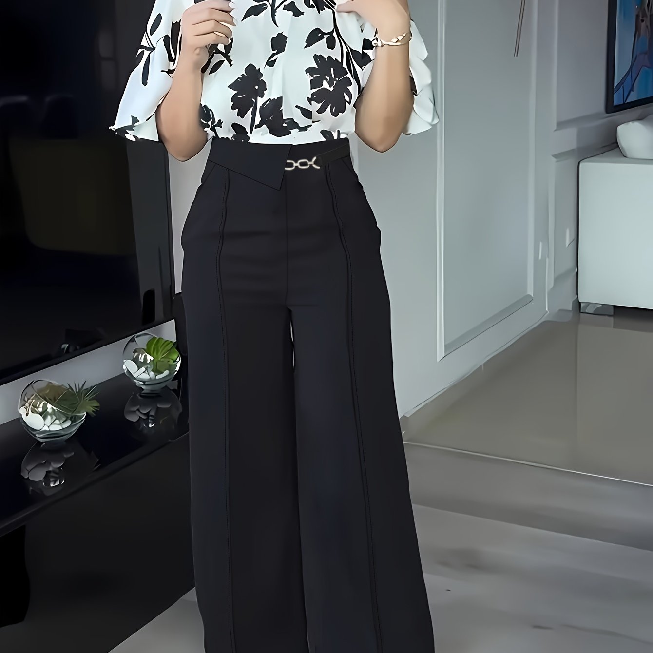 ZD0410952 Women's Printed Spring/Summer Elegant Commuter Casual Shirt 2pcs Set