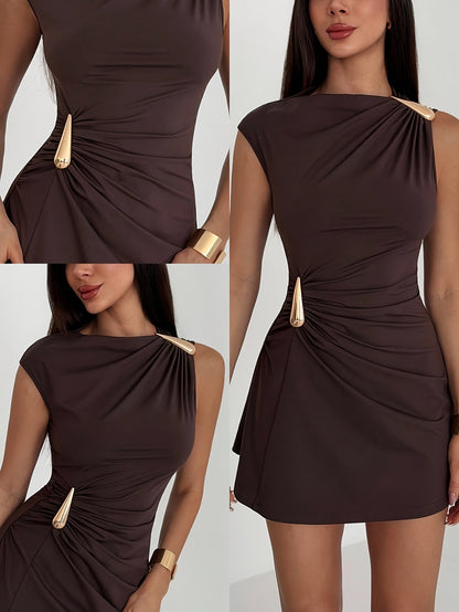 Sleeveless Pleated Mini Dress with Asymmetrical Neckline for Women