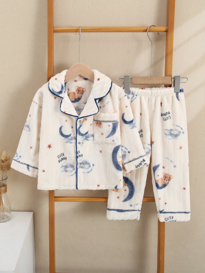 2025 New Autumn And Winter Boys' Home Clothes Two-Piece Baby Pajamas Set Flannel Thick Velvet Thickened Moon Bear Pattern Pocket Button Style Cold-Proof Thermal Underwear