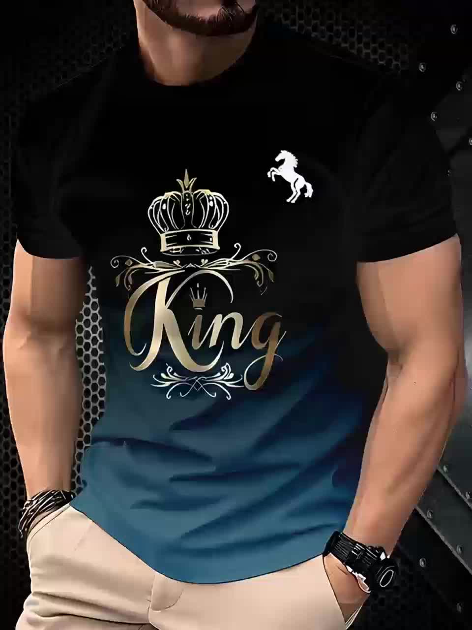 Men's 3D Horse & Flame Graphic T-Shirt with 2026 Number Design - Red & Black Casual Summer Tee, Regular Fit