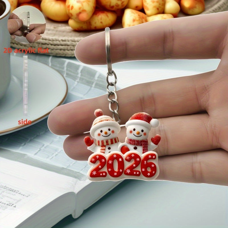 2DFLAT Cute Snowman Friend Keychain - 2026 New Year Gift with Classic Red & White Snowman, Snowflake "51.46meter Cartoon Design, Durable Iron Alloy, Perfect For Car Rearview Mirror, Christmas Tree Decorations, Thanksgiving Pr