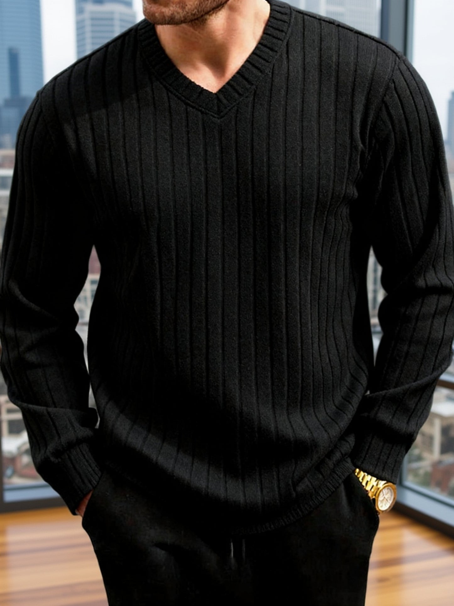 Men's V-Neck Striped Sweatshirt - Comfortable Casual Basic
