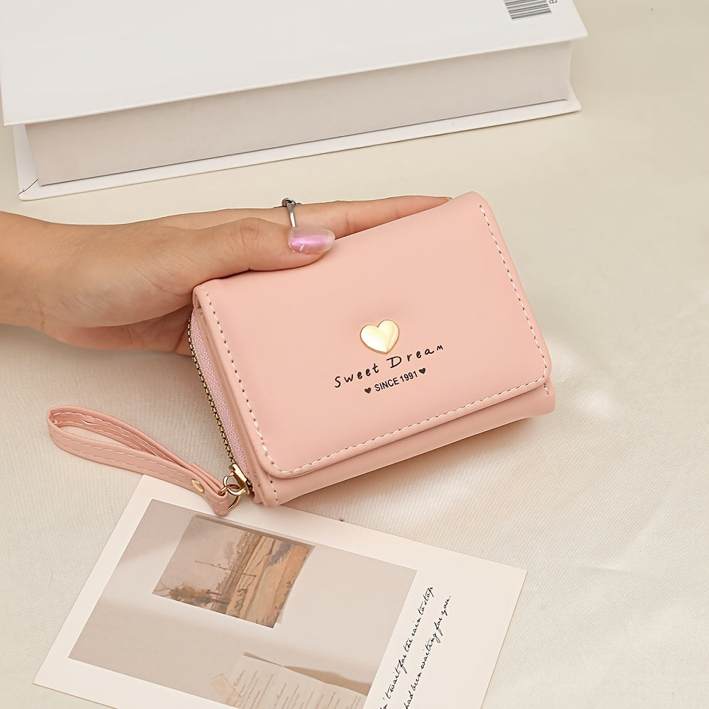 New Women'S Short Wallet, Cute Korean-Style Heart-Shaped, Large Capacity with Multiple Card Slots, Trendy Tri-Fold Design.