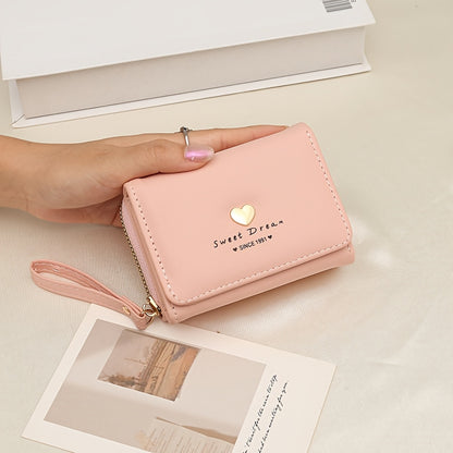 New Women'S Short Wallet, Cute Korean-Style Heart-Shaped, Large Capacity with Multiple Card Slots, Trendy Tri-Fold Design.