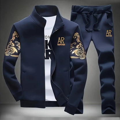 New Spring and Autumn Men's Sports Casual Suit, Trendy Fashion Stand-up Collar Long Sleeve Jacket Two-piece Set