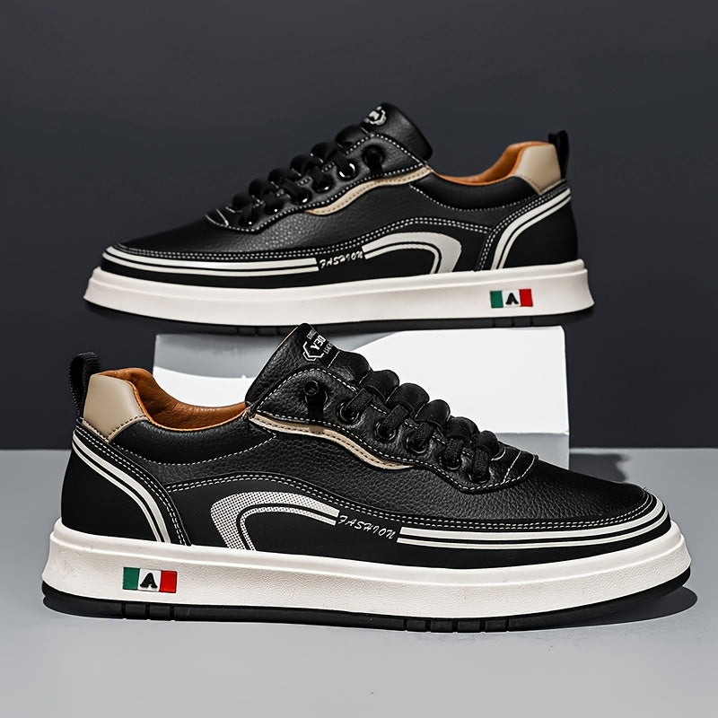 FC06 Men'S Casual Sneakers - Black  White Low-Top Lace-Up Shoes with Italian Flag Design, Faux Cover Upper, Cushioned PVC Sole, Breathable Fabric Lining for All-Season Comfort, Everyday Footwear, Modern Sneakers, Fabric Line