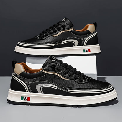 FC06 Men'S Casual Sneakers - Black  White Low-Top Lace-Up Shoes with Italian Flag Design, Faux Cover Upper, Cushioned PVC Sole, Breathable Fabric Lining for All-Season Comfort, Everyday Footwear, Modern Sneakers, Fabric Line