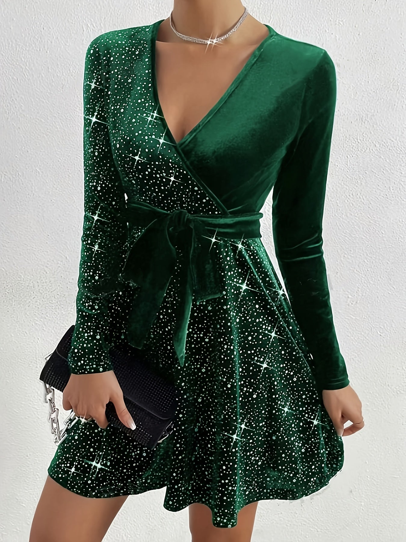 Elegant Women’s Velvet Dress with Cross Neck and Belt - Long Sleeve, Black with Sparkling Stars, Polyester Blend, Machine Washable, Perfect for Casual or Evening Wear