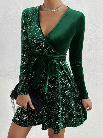 Elegant Women’s Velvet Dress with Cross Neck and Belt - Long Sleeve, Black with Sparkling Stars, Polyester Blend, Machine Washable, Perfect for Casual or Evening Wear