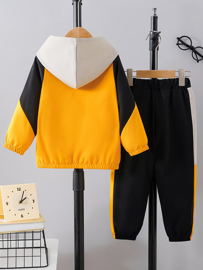 Boys' Casual Color-Block Hooded Jacket and Pants Set - ayq