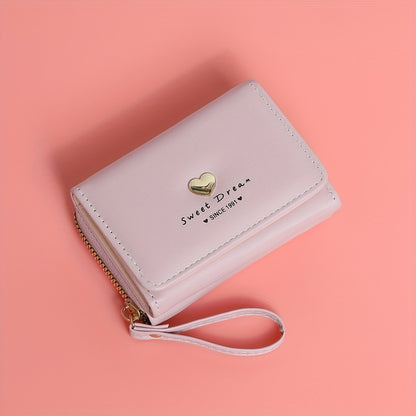 New Women'S Short Wallet, Cute Korean-Style Heart-Shaped, Large Capacity with Multiple Card Slots, Trendy Tri-Fold Design.