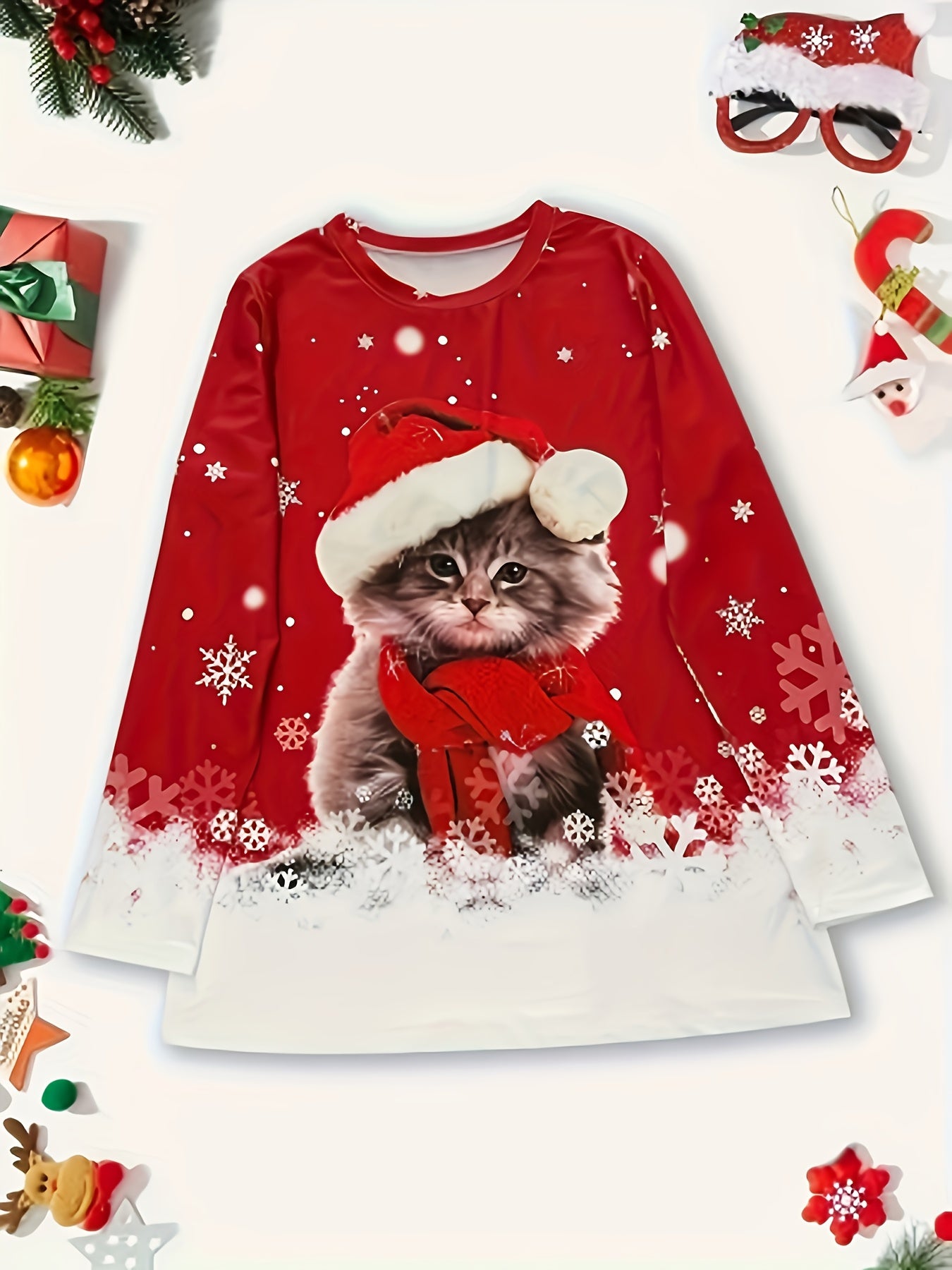 Women's Elegant Christmas Cat & Snowflake Print Long Sleeve T-Shirt Top - Red & White Cozy Sweater-like Design, Round Neck, Medium Stretch, Machine Washable Winter Holiday Party Outfit (No-Sleeve Style) - Autumn/Winter Fashio