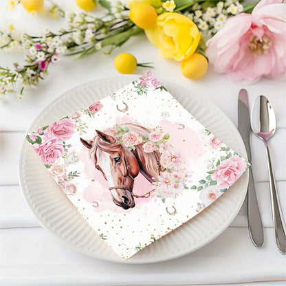 20-Pack Floral Horse Party Napkins - Elegant Pink Roses & Golden Glitter Design, 2-Ply Decorative Paper Tableware for Birthdays, Celebrations, and Festive Occasions, Birthday Party Decorations for Christmas,Newyear,Valentine,