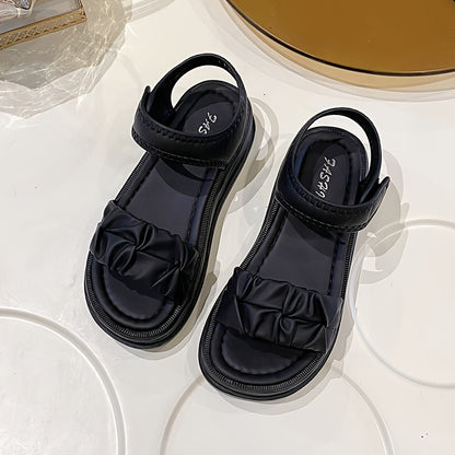 Women's Solid Color Flat Sandals, Casual Open Toe Summer Shoes, Comfortable Ankle Strap Sandals
