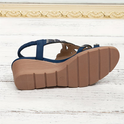Vibrant Comfort   Bohemian Style Women's Rhinestone Wedge Sandals, Open Toe Platform Heel with Elastic Strap, Summer Beach Music Festival Slip-On Shoes, Man-Made Upper/Inner/Insole, TPR Sole, Beach Sandals   Toe Post Sandals