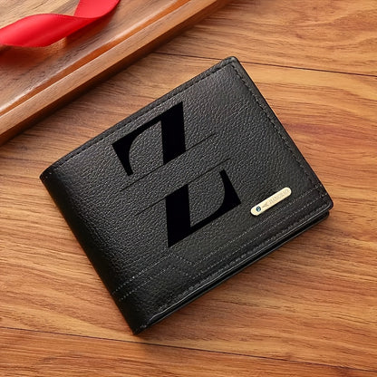 1pc Men's Business Style Faux Leather Wallet, Customizable Text and Initials, Solid Color Faux Leather with Contrast Accents, Compact Short Bifold Design for Easy Carrying - Perfect Birthday Gift for Boyfriend and Father, Per